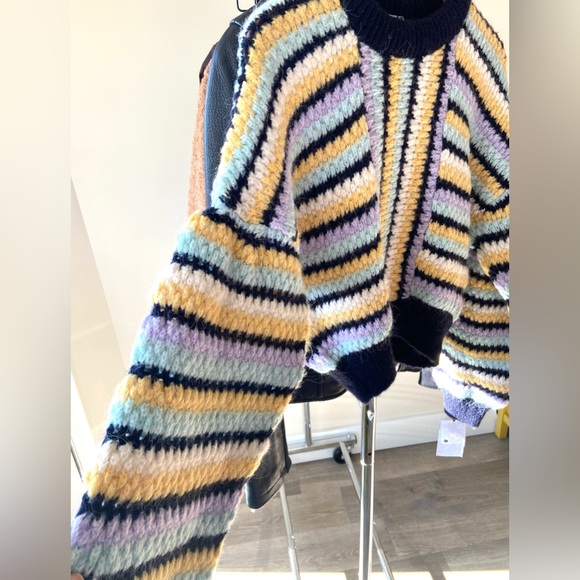 L ๐ ZARA Striped Knit Sweater Round Neck Multicolored Yellow Navy Purple - Picture 7 of 15